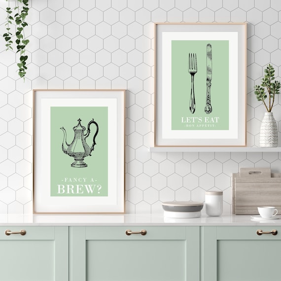 Sage Green Kitchen Prints: Cutlery Wall Art, Set of 2