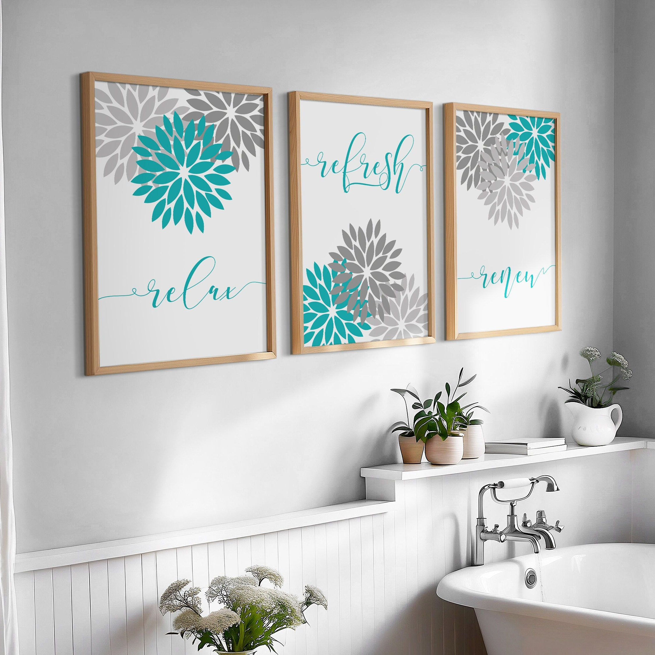 Teal and Gray Bathroom Art Prints: Relax, Refresh, Renew (set of 3) - Etsy, image size:2250x2250