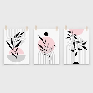 set of 3 pink and grey mid century prints