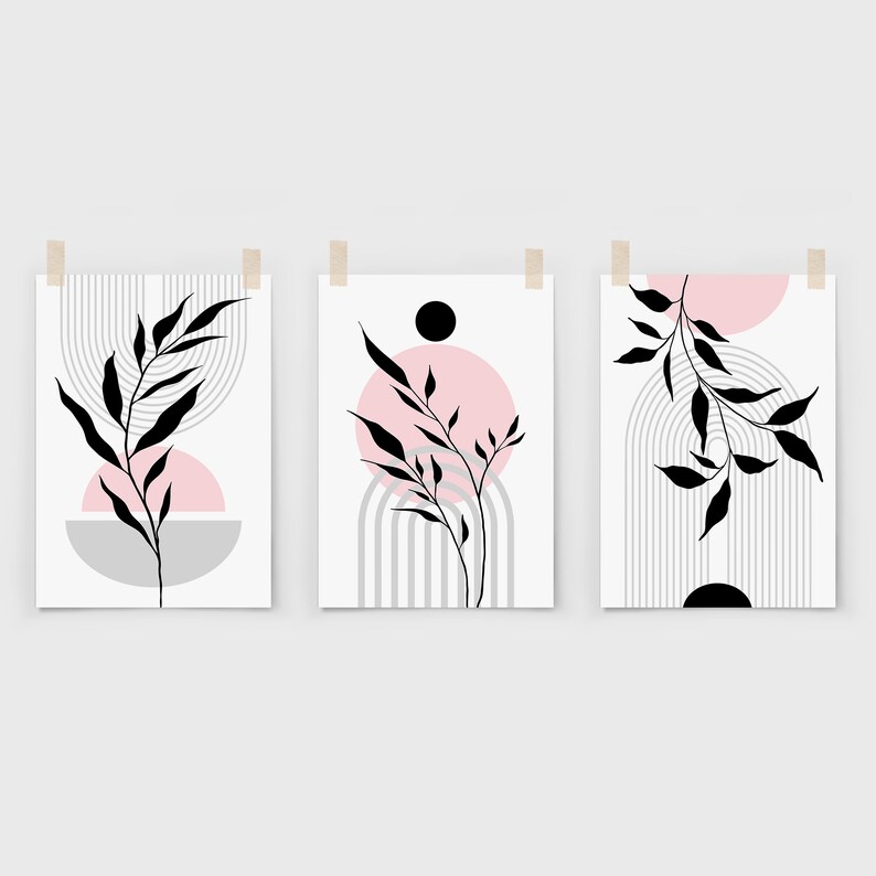 set of 3 pink and grey mid century prints