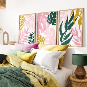 Colourful Wall Art, pink green wall art, mustard yellow, botanical art, pink living room, set of 3 prints, botanical home decor, bedroom art