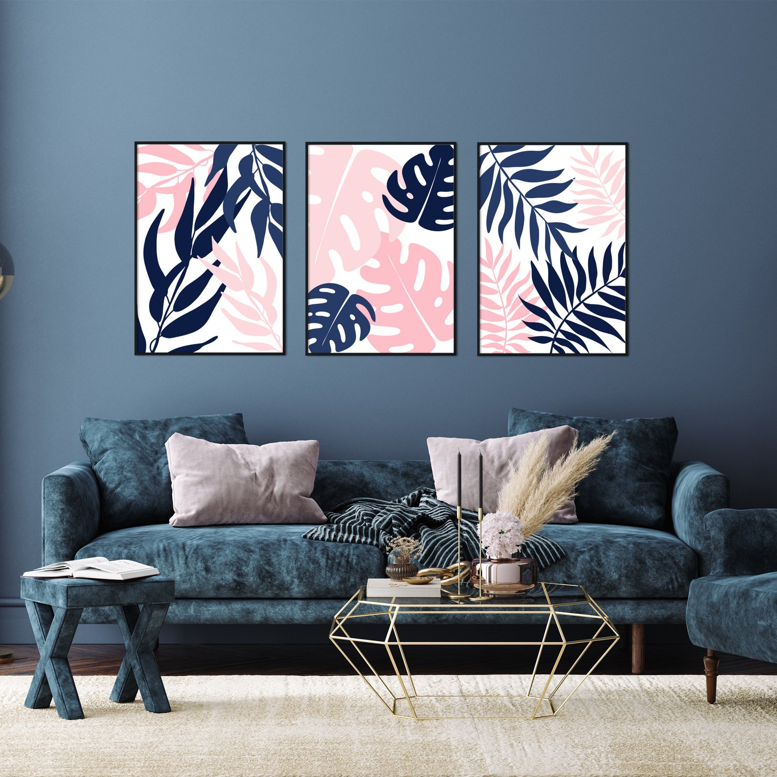 3pc Navy and Pink Leaf Print navy pink wall art Pink and Etsy