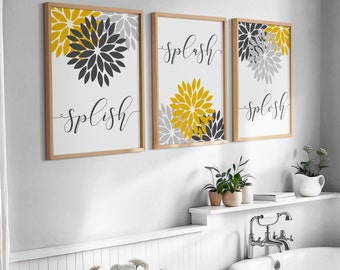 Set of 3 Yellow & Grey Bathroom Prints, yellow bathroom decor, mustard wall art, bathroom prints, yellow bathroom wall art, yellow wall art