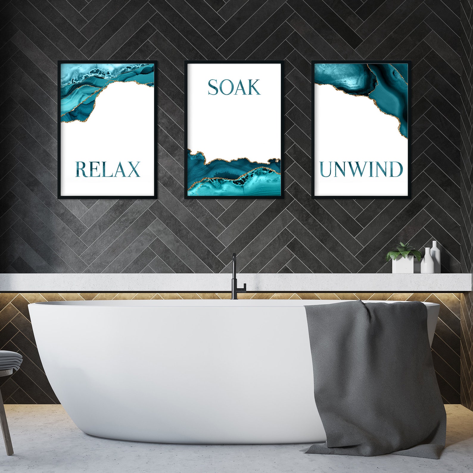3pc Teal and Gold Bathroom Decor Teal and Gold Wall Art Teal Etsy