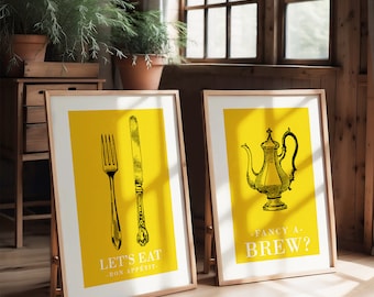 Set of 2 Yellow Kitchen decor, mustard art, yellow kitchen art, yellow kitchen prints, fancy a brew, kitchen quotes, yellow wall art