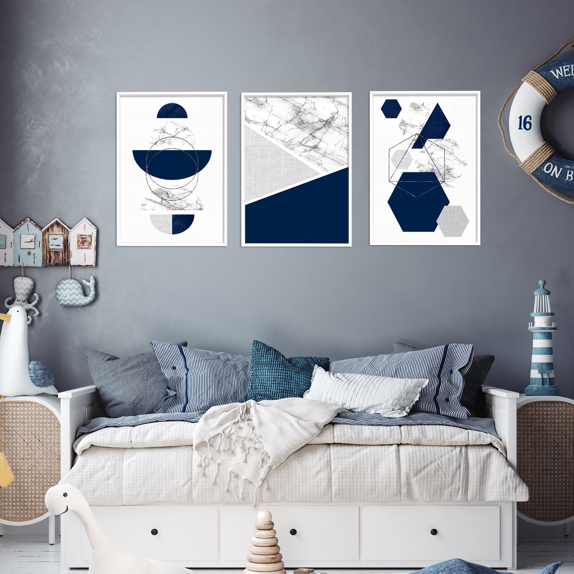 Set of 3 Navy Blue and Grey Wall Art Blue Wall Decor Blue Etsy UK