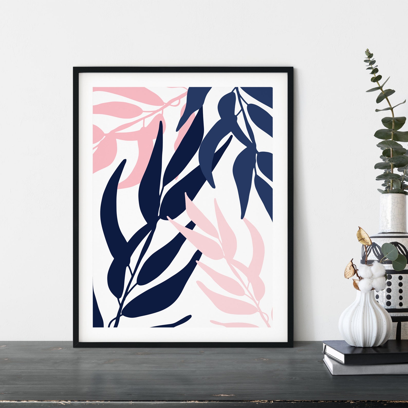3pc Navy and Pink Leaf Print navy pink wall art Pink and Etsy