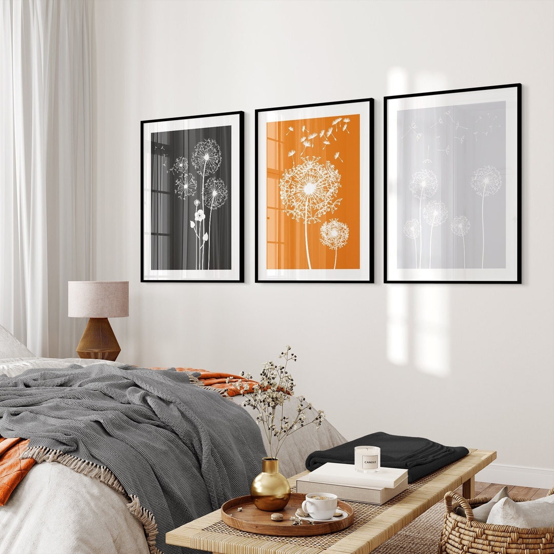 Set of 3 Prints, Orange and Grey Wall Art, Dandelion Art, Orange