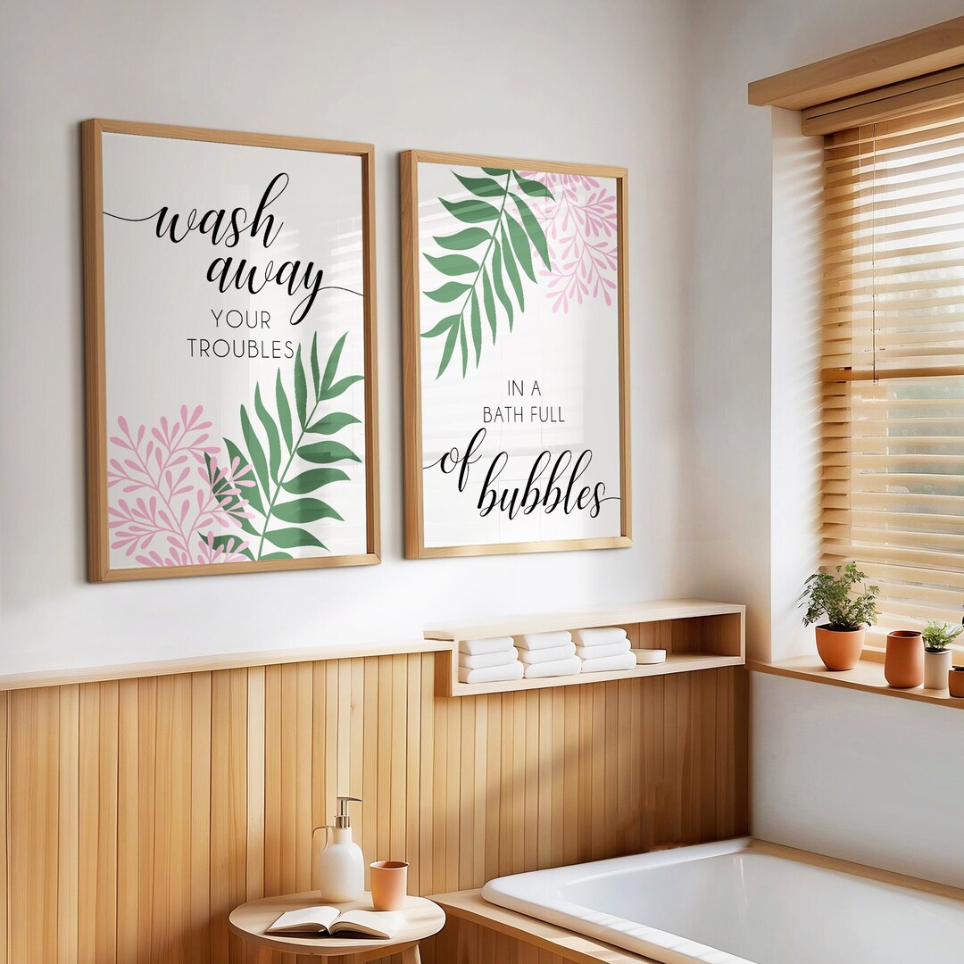Set of 2, Pink and Green Bathroom Prints, Wash Away Your Troubles, Pink