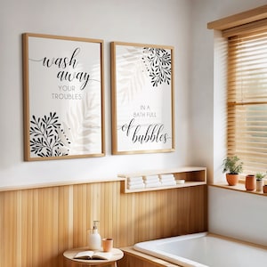 Funny Bathroom Prints: Wash Away Your Troubles, Beige Decor (Set of 2)