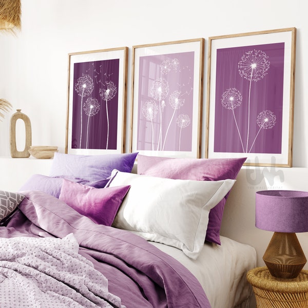 Set of 3 Lilac Dandelion art, purple wall art, purple living room prints, dandelion wall art, lilac Wall Art, dandelion decor, Lilac prints