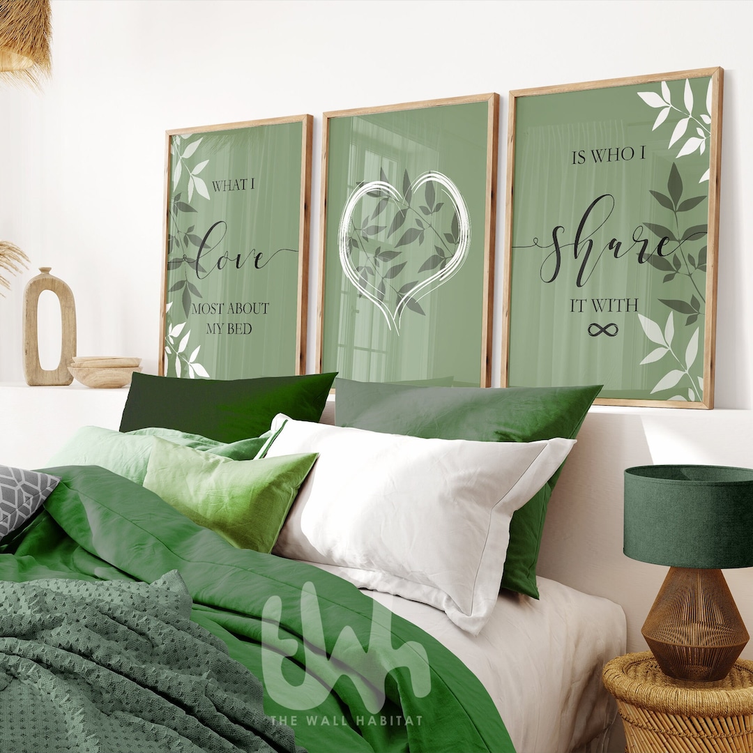 Set of 3 Green Bedroom Prints Wall Art, Bedroom Quotes, Over the Bed ...