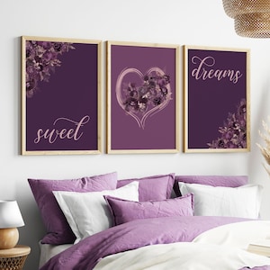 Set of 3 Purple Bedroom Decor, Sweet Dreams Prints, Purple Art, over the bed wall decor, Purple Wall Art, Sweet dreams sign, Plum home decor