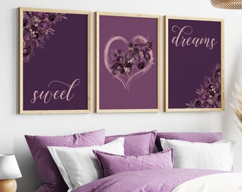 May include: Three purple framed prints with floral designs and the words "sweet", "dreams", and a heart shape.