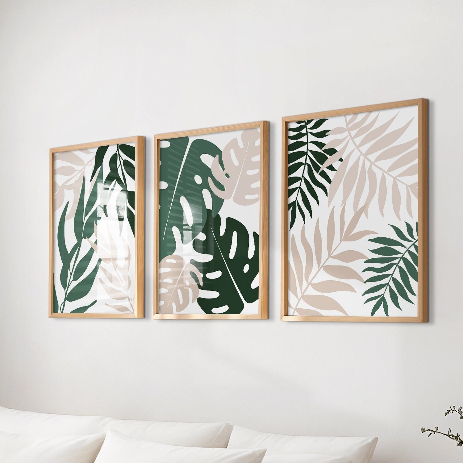 3pc groen en beige muurkunst, kunst aan de groene muur, groen blad prints, groene wand decor, woonkamer kunst, groene kamer decor, natuur thema kunst aan de muur