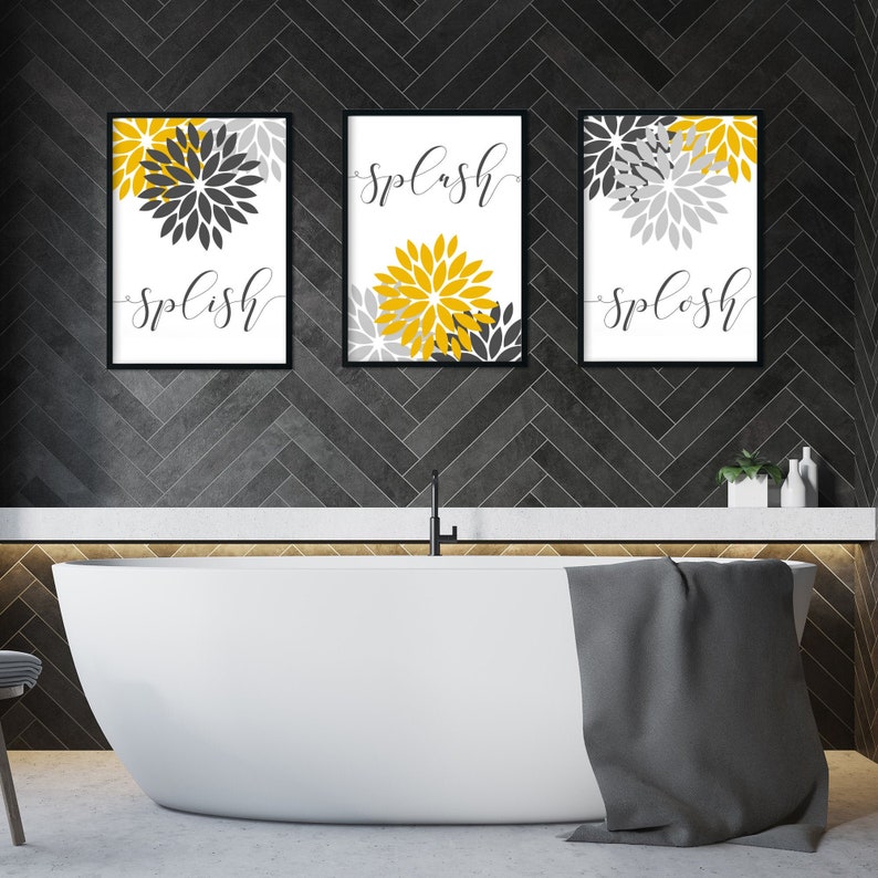 Set of 3 Yellow & Grey Bathroom Prints Yellow Bathroom Decor - Etsy UK