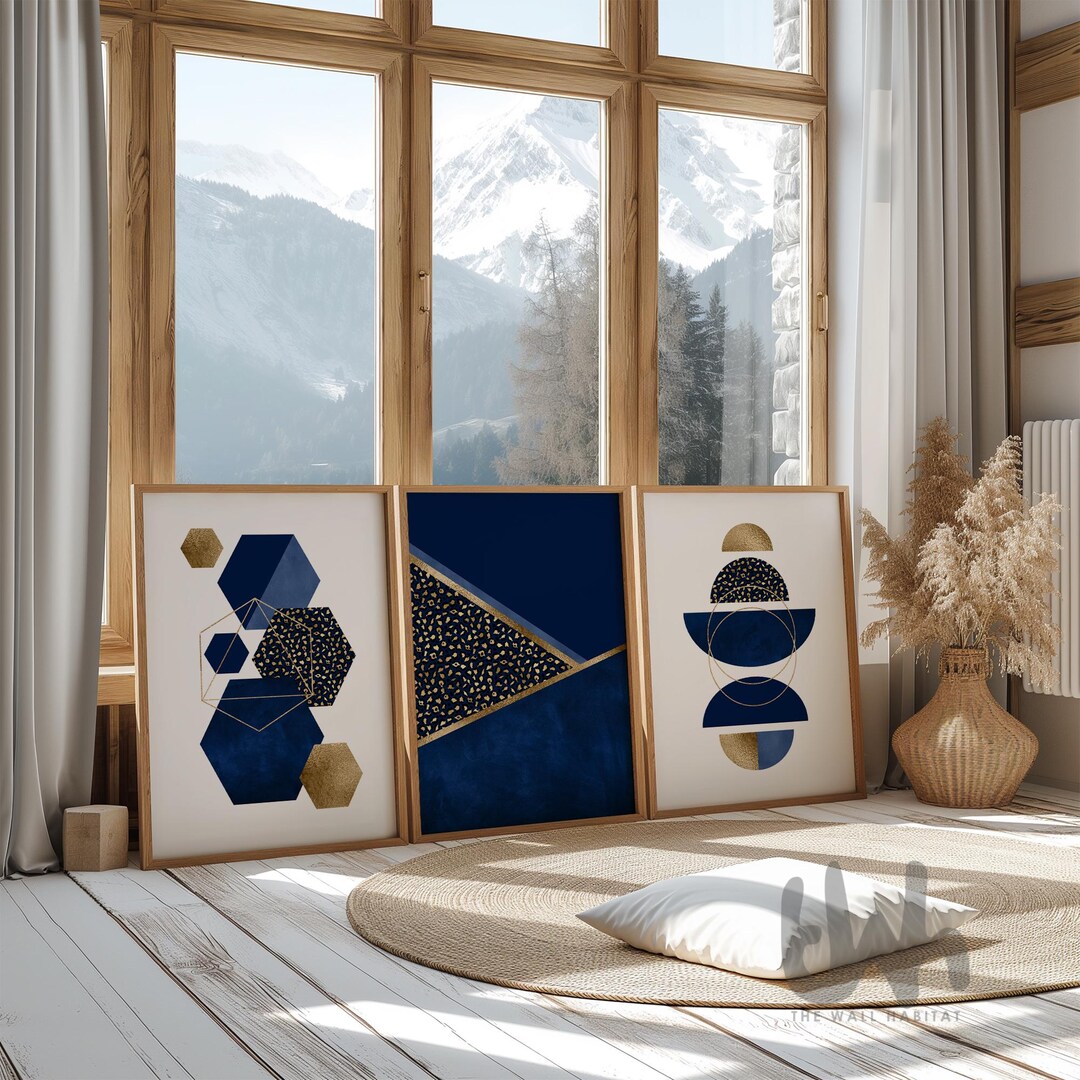 Navy Blue and Gold Geometric Wall Art Prints: Set of 3 - Etsy