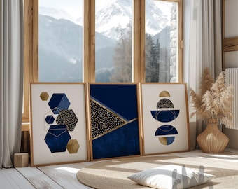 Navy Blue and Gold Geometric Wall Art Prints: Set of 3