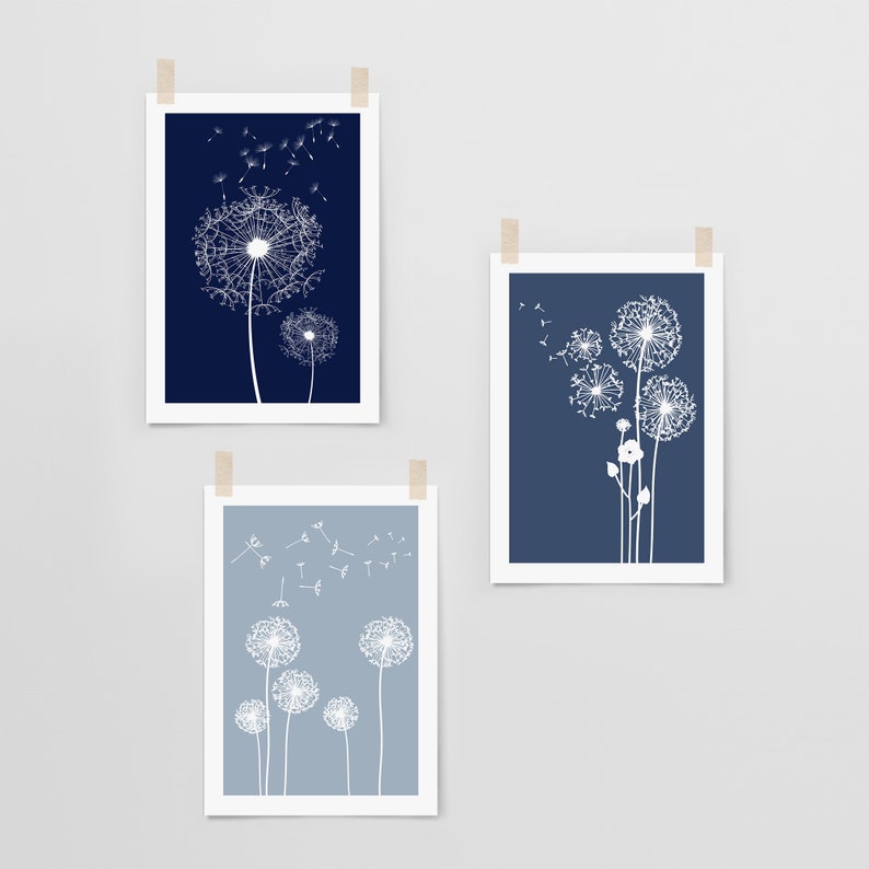3pc Blue Dandelion Art Blue Wall Art Blue Wall Decor Blue 3 Etsy UK