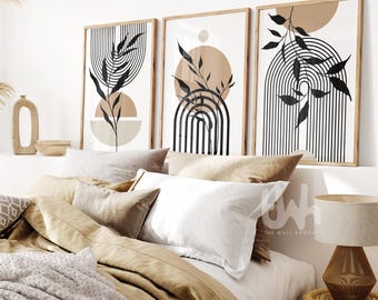 Mid-Century Modern Botanical Prints: Beige & Black Abstract Line Art, Set of 3