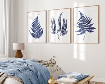 Set of 3 Dark Blue Fern Wall Art Decor, Fern wall prints, Dark Blue Prints, blue wall prints, Dark Blue wall decor, Blue Living Room Prints