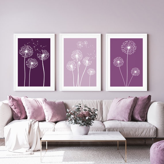 Set of 3 Lilac Dandelion Art Purple Wall Art Purple Living Etsy