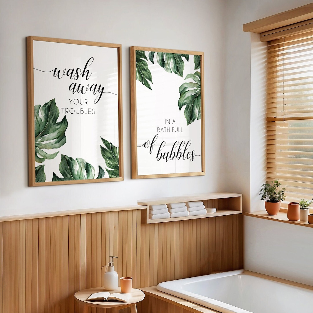 Set of 2 Green Tropical Bathroom Prints, Green Bathroom Decor, Wash ...