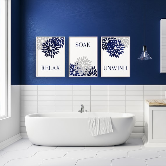 Set of 3 & Grey Bathroom Prints Blue Bathroom Decor -