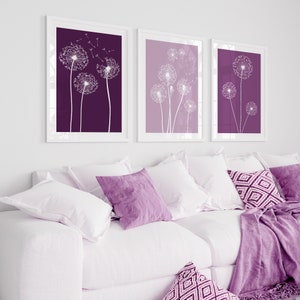 Set of 3 Lilac Dandelion art, purple wall art, purple living room prints, dandelion wall art, lilac Wall Art, dandelion decor, Lilac prints image 4