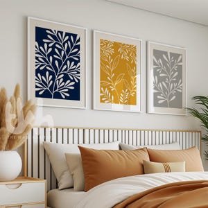 Marineblauwe en mosterd bloemenprint set, gele en blauwe muurkunst, marine en mosterd muurkunst, mosterd interieur, mosterd marinegrijs decor