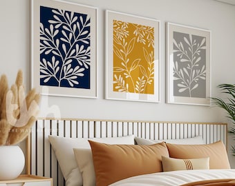 Navy Blue & Mustard Floral Print Set: Modern Wall Art