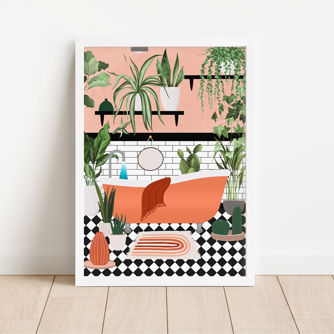 Peach Bathroom Decor, Peach Bathroom Wall Art, Peachy Wall Decor, Bathroom Plant Art, Bathroom ...