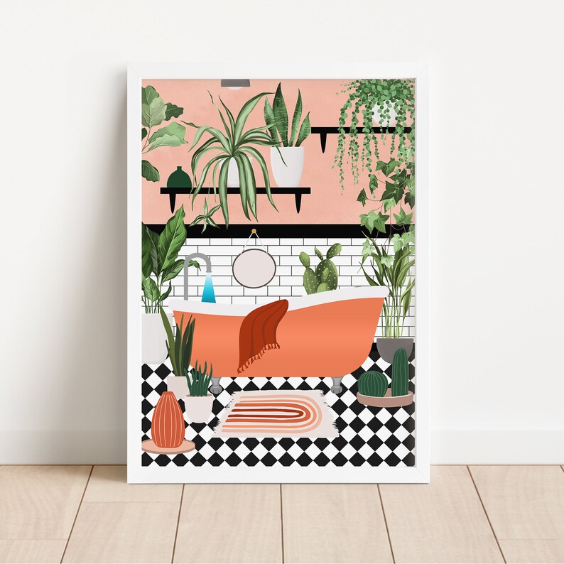 May include: A pink bathroom with a white tiled wall and a freestanding orange bathtub. The bathtub has a white towel and a round mirror above it. There are many green plants in the bathroom, including a large plant in a white pot on a shelf.
