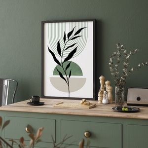 Mid Century Sage Green Wall Art Prints, Mid Century Print, Sage Green Boho art, Green Black beige art, Green Geometric prints, Botanical Art