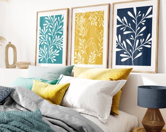 Teal Mustard Navy Floral Prints: Set of 3 Botanical Wall Art
