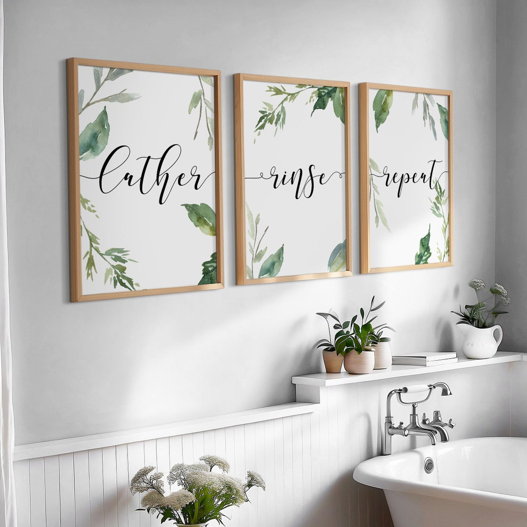 Set of 3 Green Bathroom Art, Greenery Bathroom Prints, Lather Rinse ...