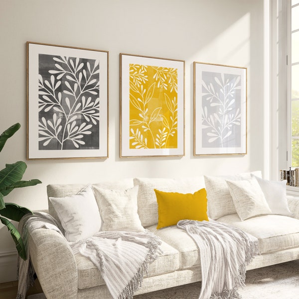 Set of 3, Yellow mustard wall art, yellow and grey home decor, Yellow wall prints, Botanical Wall prints, Yellow and grey living room decor