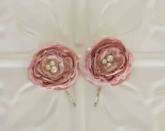 Vintage inspired Rose Pink Satin and lace hair pins, bridal hair pins