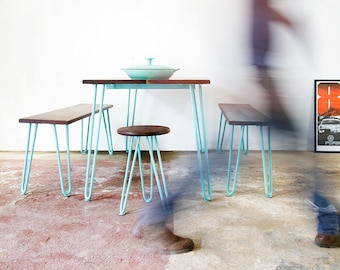 Hairpin leg Dining Set. For Eight. With Benches. Plywood. Oak. Walnut.