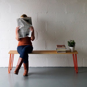 Hairpin Leg Bench. For Three. Plywood. Oak. Walnut