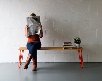 Hairpin Leg Bench. For Three. Plywood. Oak. Walnut