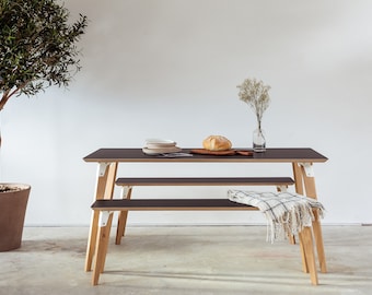 Plywood & Oak Dining Set with Benches