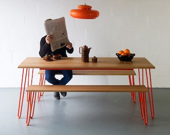 Hairpin leg Dining Set With Benches. Six Seat. Plywood. Oak. Walnut.