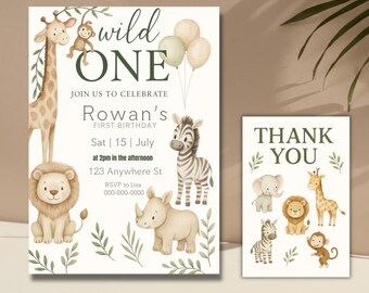 Wild One Jungle Safari 1st Birthday Invitation Template (5x7in, Canva Editable, Digital Download