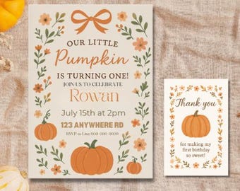 Fall Pumpkin First Birthday Invitation Template: 5x7" Printable Card (Canva Editable)