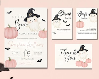 Pink Ghost Baby Shower Invitation: Whimsical Halloween Theme (Editable Download 5x7" Canva Template)