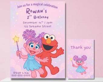May include: A birthday invitation and thank you card set featuring Sesame Street characters. The invitation reads "Join us for a magical celebration" and includes the name "Rowan", the date, time, and address. The thank you card has a matching design.