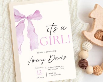 Editable Baby Shower Invitation Template: Blue Bow Design (Instant Download 5x7" Canva Template)