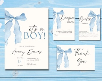 Blue Bow Baby Shower Invitation Template: Editable Canva Invite (Digital Download