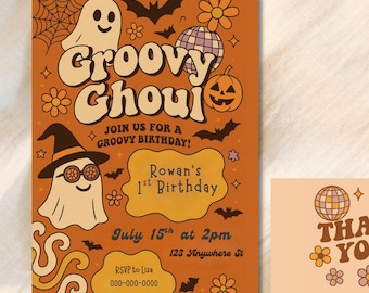 Retro Ghost Disco Halloween Birthday Invitation (Editable Canva Template)